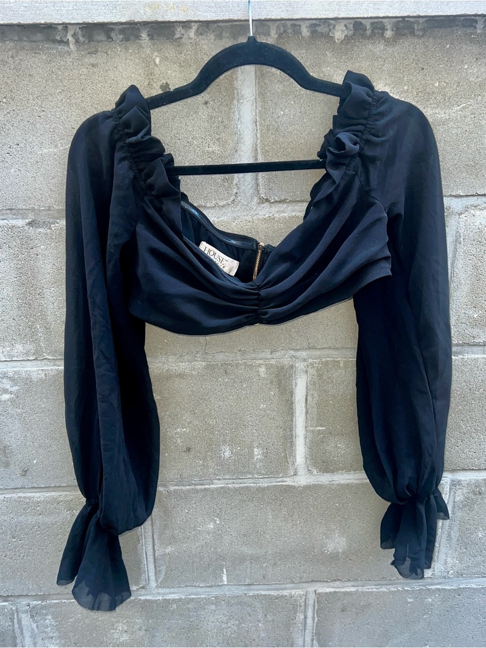 House of CB Black Sheer Long Sleeve Crop Peasant Blouse.